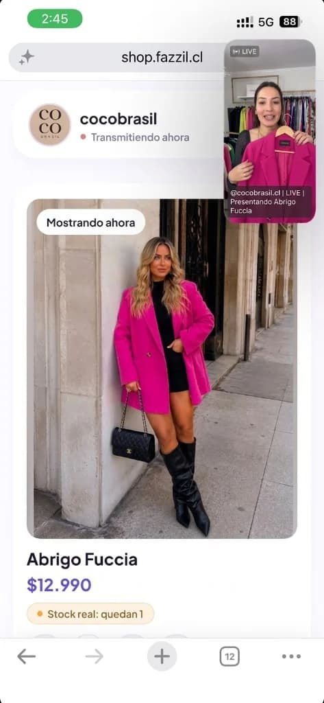 Pantalla del comprador en Fazzil con el live de la vendedora arriba y el producto con su precio y stock abajo